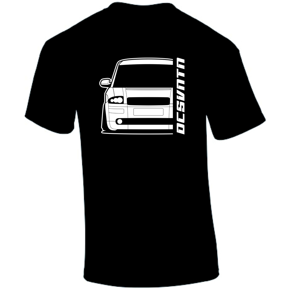 Audi A2 T-Shirt Vorderseite mit Nebelscheinwerfer-Schriftzug, schwarzes Car Shirt Design