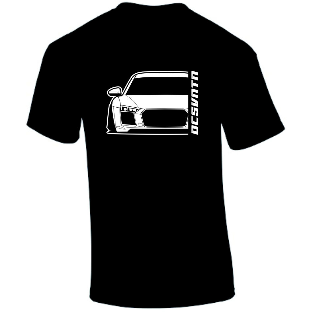 Audi R8 V10 T-Shirt Vorderseite mit Schriftzug, schwarzes Car Shirt Design