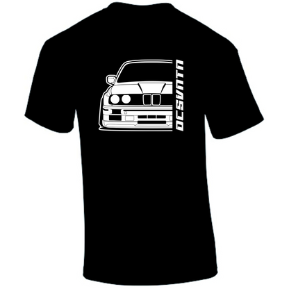 BMW E30 M3 T-Shirt Vorderseite mit Schriftzug, schwarzes Car Shirt Design