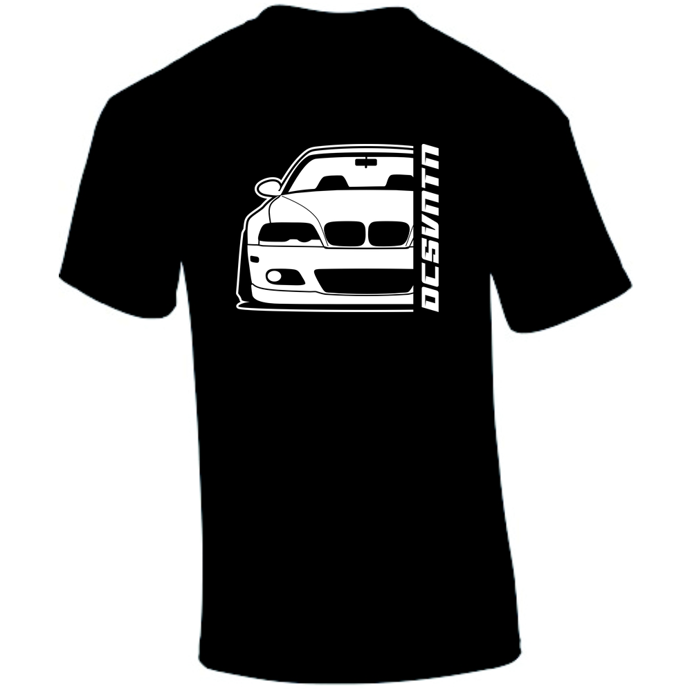 BMW E46 T-Shirt Vorderseite mit Schriftzug, schwarzes Car Shirt Design