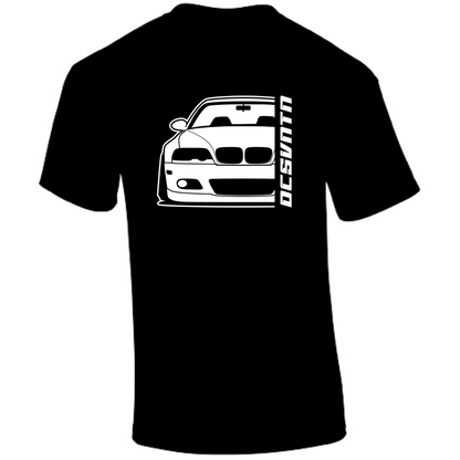 BMW E46 T-Shirt Vorderseite mit Schriftzug, schwarzes Car Shirt Design