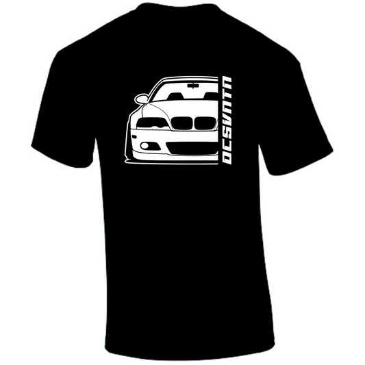 BMW E46 T-Shirt Vorderseite mit Schriftzug, schwarzes Car Shirt Design