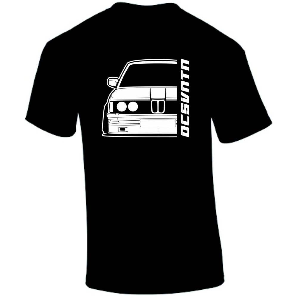 BMW E21 T-Shirt Vorderseite mit Schriftzug, schwarzes Car Shirt Design